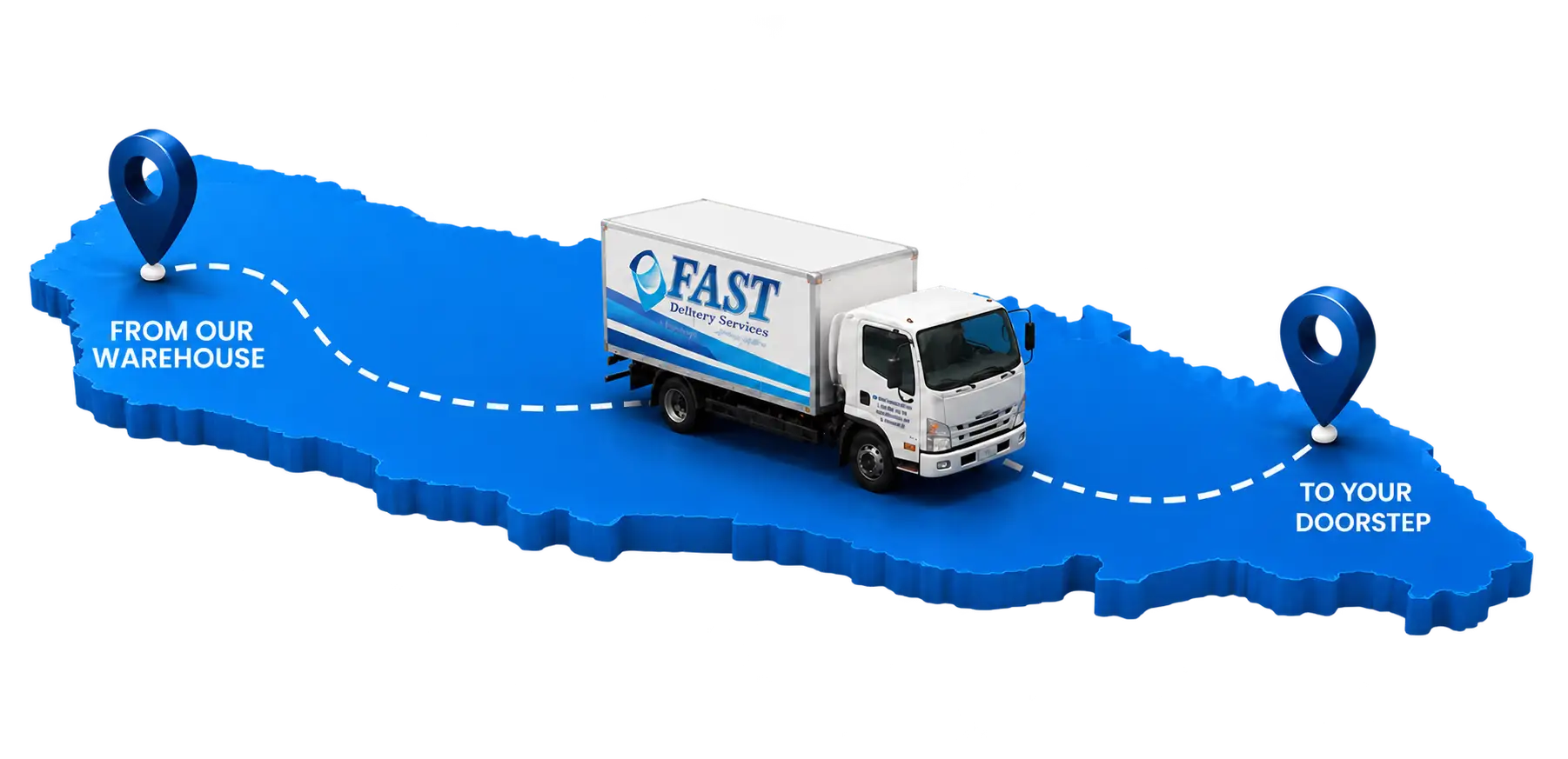 A map of Aruba with a FAST delivery truck following a dashed route from a pin marked From our warehouse to a pin marked To your doorstep.